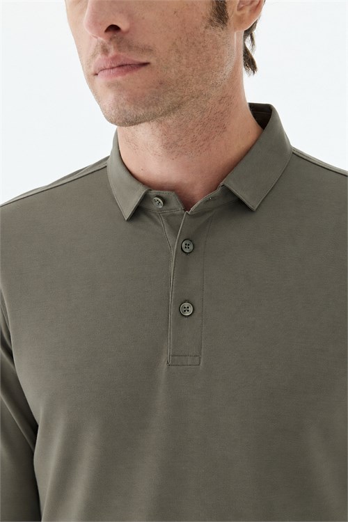 Haki Slim Fit Polo Yaka Sweatshirt