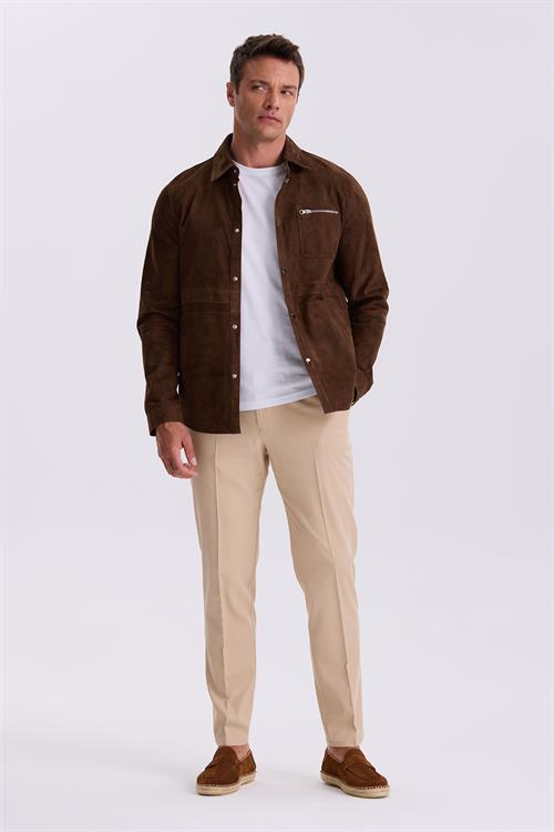 Kahve Comfort Fit Bebe Yaka %100 Deri Mont 