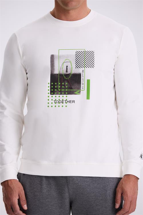 Ekru Slim Fit Baskılı Bisiklet Yaka Dar Kesim Baskılı %100 Pamuk Sweatshirt