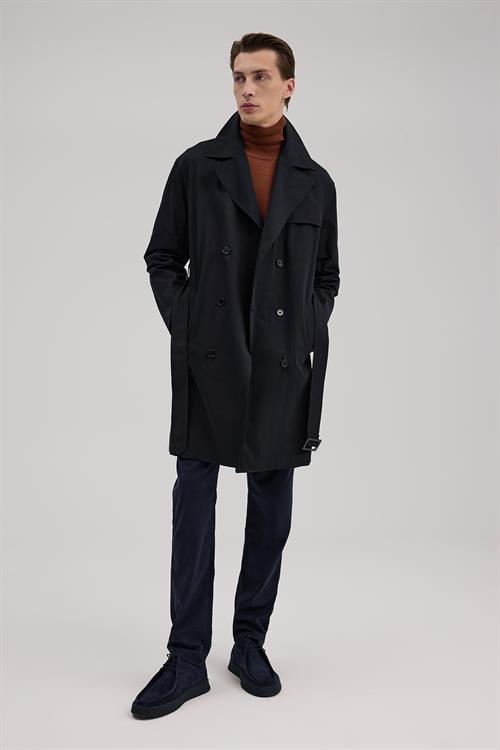 Lacivert Comfort Fit Kruvaze Uzun Kemerli Trençkot