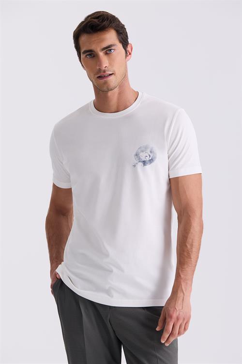 Ekru Slim Fit Bisiklet Yaka T-Shirt