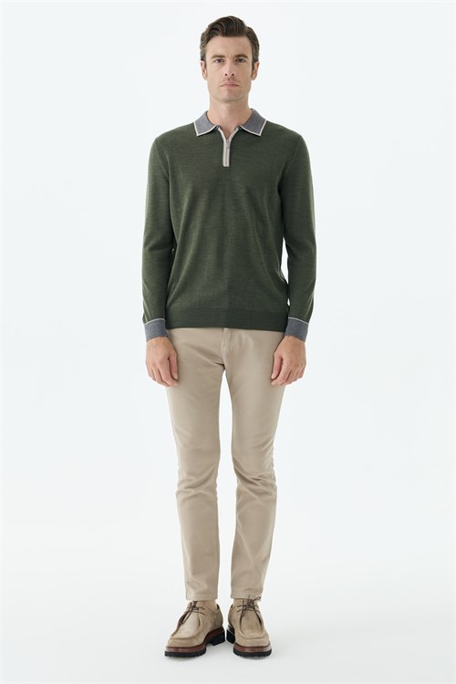 Yeşil Slim Fit Polo Yaka Fermuarlı Triko Kazak