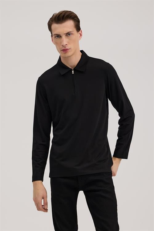 Siyah Slim Fit Fermuarlı Polo Yaka Sweatshirt