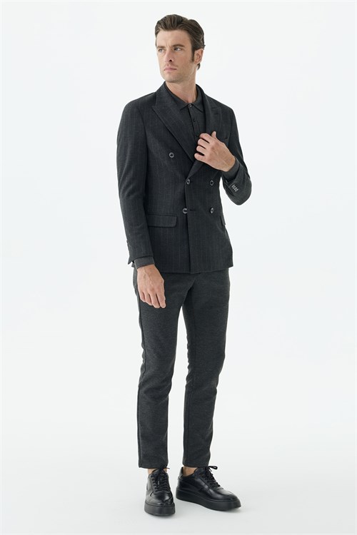 Antrasit Slim Fit Dik Yaka Kruvaze Ceket