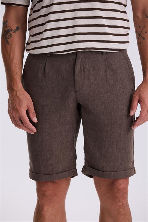 Kahve Comfort Fit Keten Dokulu Rahat Kesim Duble Paça Şort