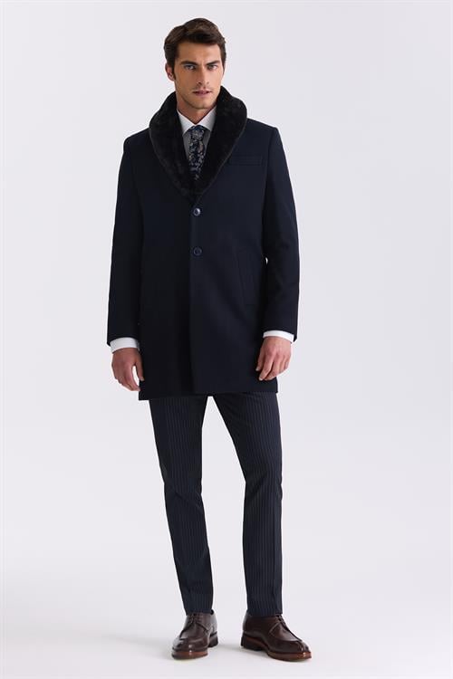 Lacivert Regular Fit Çıkarılabilir Kürklü Yaka Yünlü Kaban