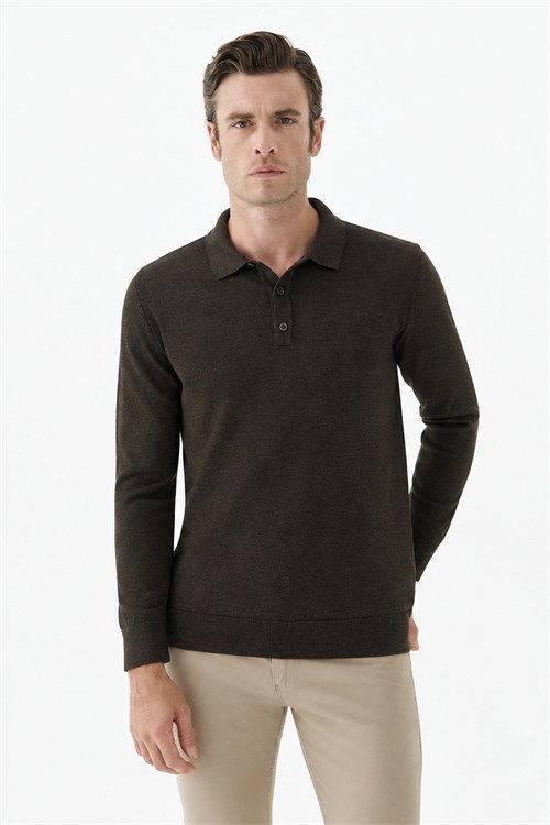 Kahve Comfort Fit Polo Yaka Yünlü Triko