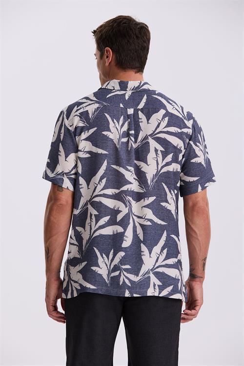 Lacivert Klasik Fit Apaş Yaka Desenli Rahat Kalıp Keten Karışımlı Kısa Kollu Gömlek 