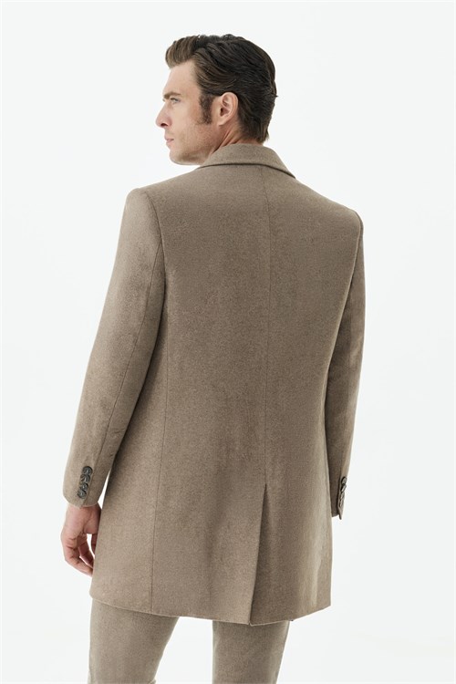 Bej Comfort Fit Mono Yaka Yünlü Kaban