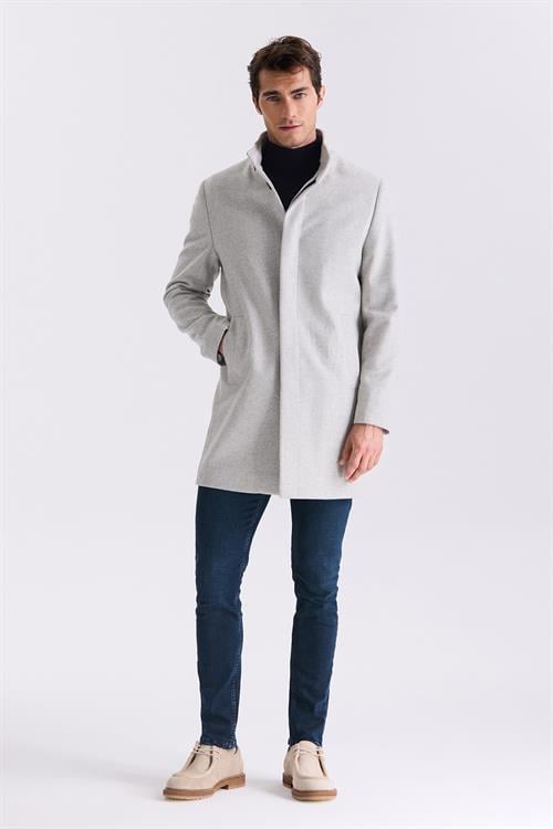 Gri Slim Fit Dik Yaka Balık Sırtı Desenli Yünlü Spor Kaban