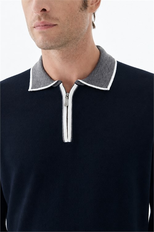 Lacivert Slim Fit Polo Yaka Fermuarlı Triko Kazak