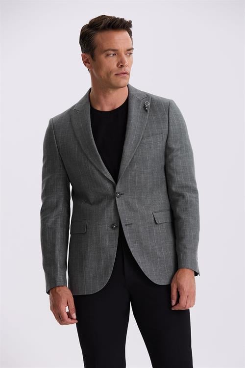 Gri Slim Fit Kırlangıç Yaka Çizgili Keten Pamuk Mevsimlik Ceket