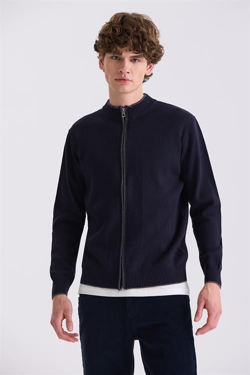 Lacivert Classic Fit Düz Fermuarlı Dik Yaka Triko Hırka