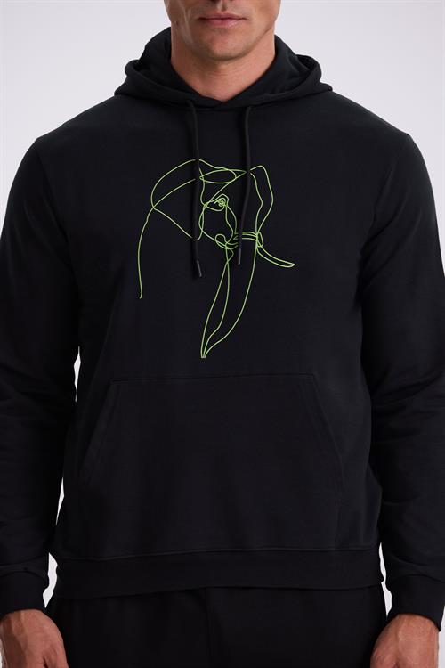 Siyah Slim Fit Kapüşonlu Baskılı %100 Pamuk Sweatshirt