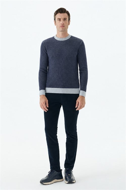 Lacivert Comfort Fit Desenli Bisiklet Yaka Triko