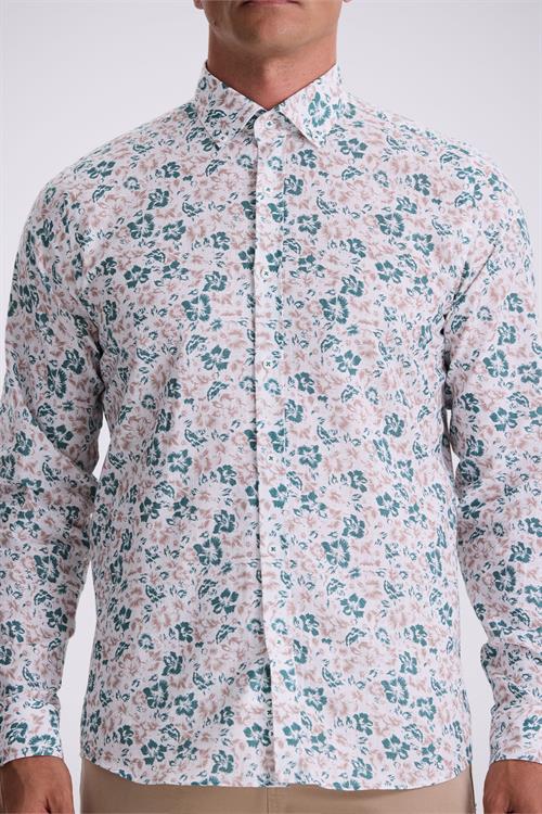 Yeşil Çiçek Desenli Yaka Düğmeli Comfort Fit Gömlek