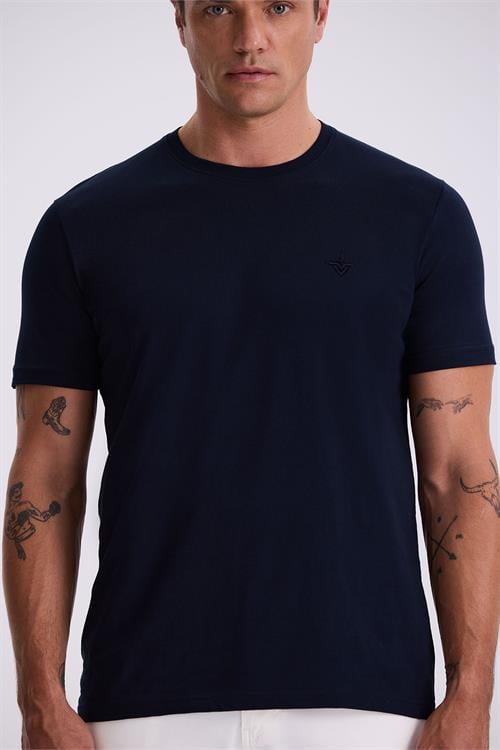 Lacivert %100 Pamuk Slim Fit Bisiklet Yaka Basic T-Shirt