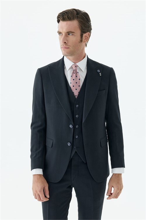 Lacivert Slim Fit Krlangıç Yaka Yelekli Çizgili Takım Elbise