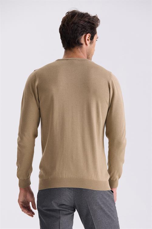 Bej Slim Fit Bisiklet Yaka Desenli Triko Kazak