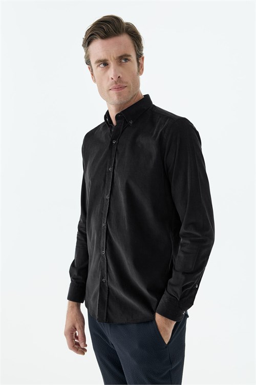 Siyah Comfort Fit %100 Pamuk Kadife Gömlek