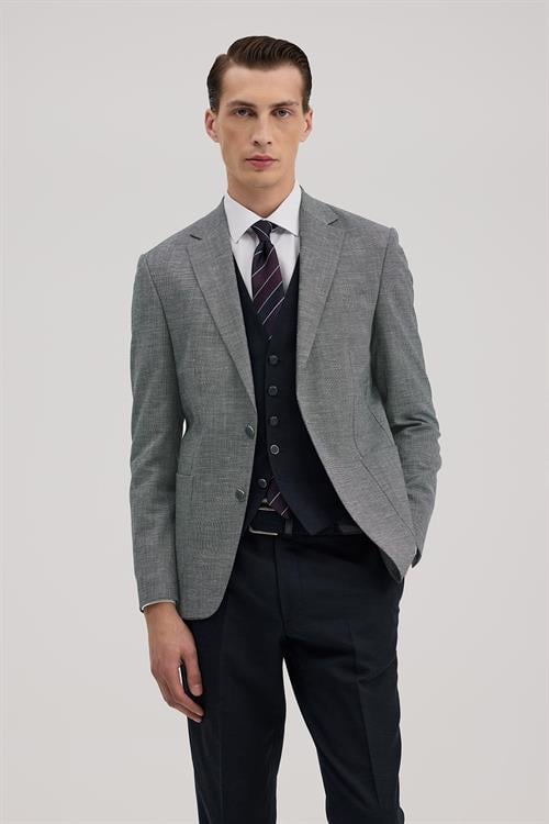 Lacivert Slim Fit Mono Yaka Yelekli Keten Karışımllı Takım Elbise