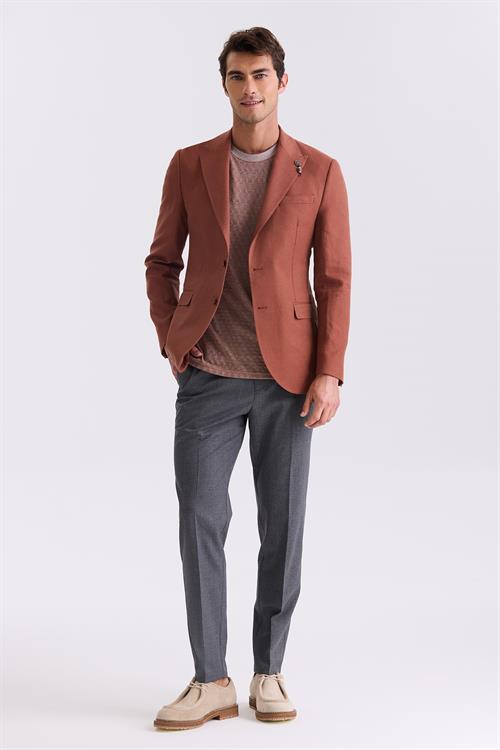 Kiremit Slim Fit Sivri Yaka Keten Spor Ceket