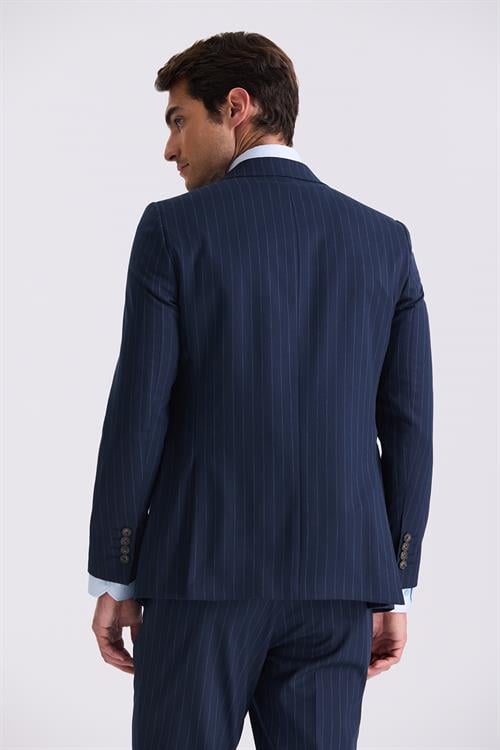 Lacivert Slim Fit Sivri Yaka Çizgili Kruvaze Takım Elbise