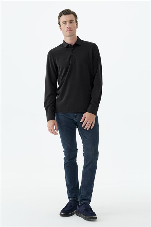 Siyah Comfort Fit Polo Yaka Sweatshirt