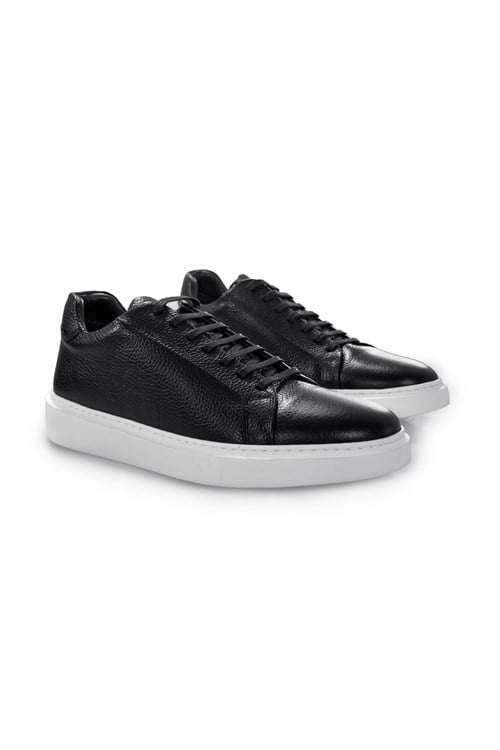 Siyah Beyaz %100 Deri Bağcıklı Günlük Sneaker Ayakkabı