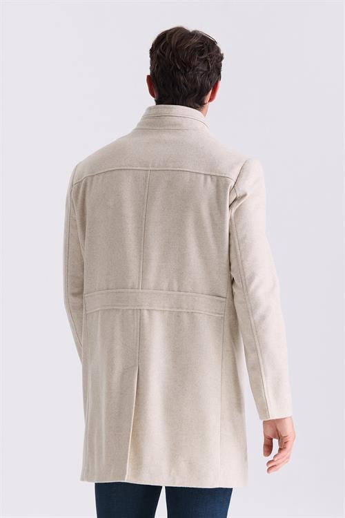 Bej Slim Fit Dik Yaka Balık Sırtı Desenli Yünlü Spor Kaban