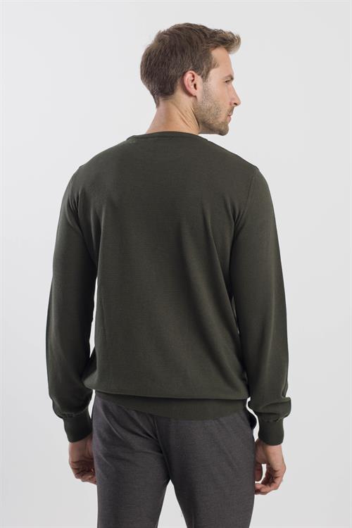 Haki Slim Fit Bisiklet Yaka Triko Kazak