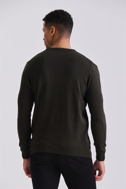 Haki Slim Fit Bisiklet Yaka Çizgi Desenli Triko Kazak