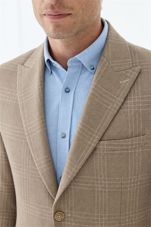 Bej Slim Fit Ceket Sivri Yaka Ekoseli Ceket