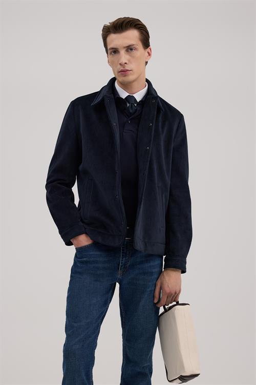 Lacivert Comfort Fit Hakim Yaka Kadife Mont