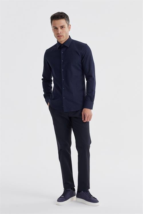 Lacivert Slim Fit Desenli Klasik Kravatlık Pamuklu Gömlek