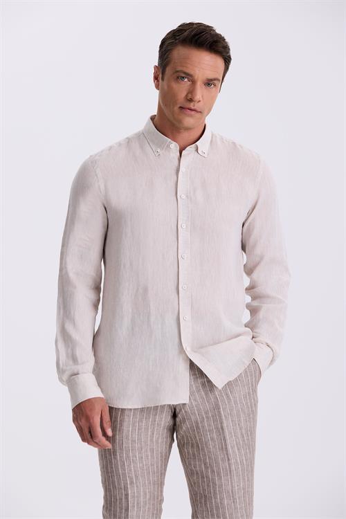 Bej %100 Keten Düğmeli Yaka Comfort Fit Gömlek