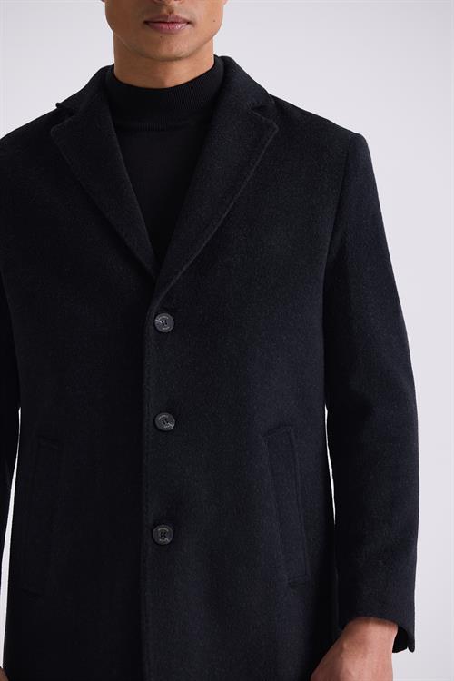 Siyah Comfort Fit Mono Yaka Yan Cep Kaşe Kaban