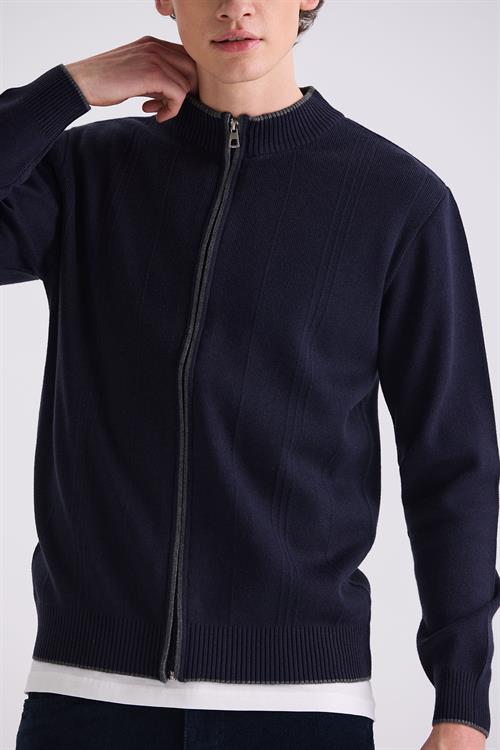 Lacivert Classic Fit Düz Fermuarlı Dik Yaka Triko Hırka