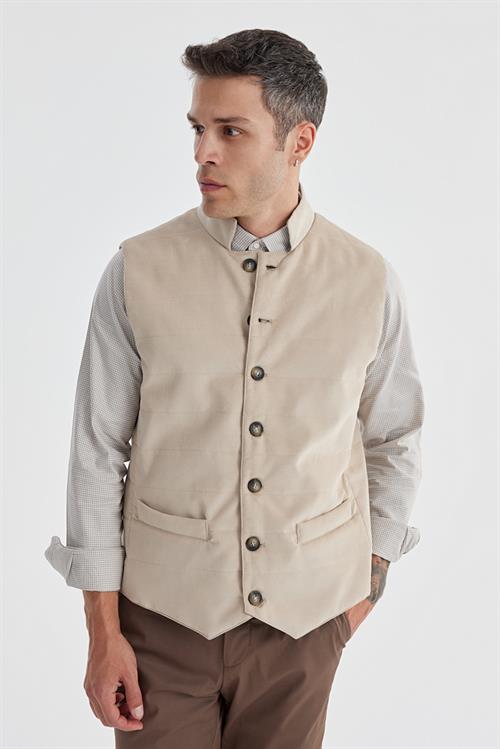 Bej Hakim Yaka Çift Taraflı Slim Fit Yelek