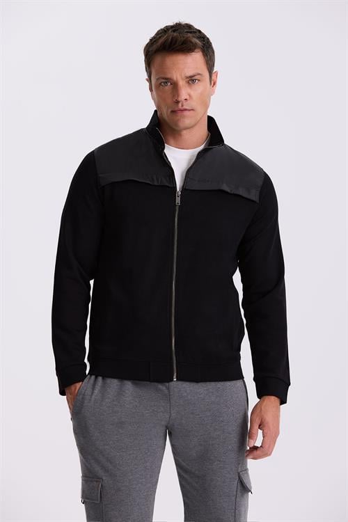 Siyah Slim Fit Fermuarlı Pamuklu Likralı Eşofman Üstü