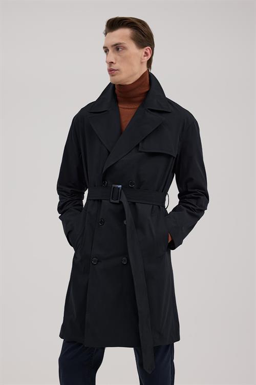 Lacivert Comfort Fit Kruvaze Uzun Kemerli Trençkot