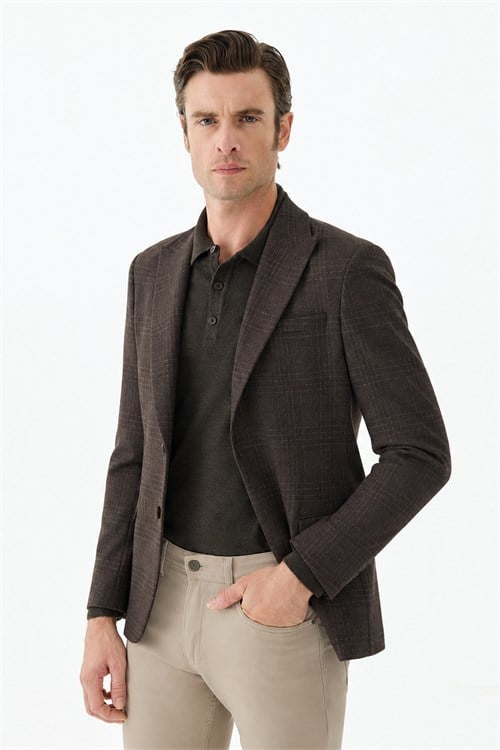 Kahve Slim Fit Ceket Sivri Yaka Ekoseli Ceket