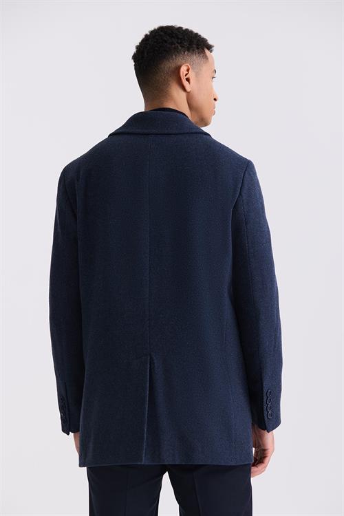 Lacivert Klasik Fit Berberi Yaka Çizgi Desenli Yünlü Kaban