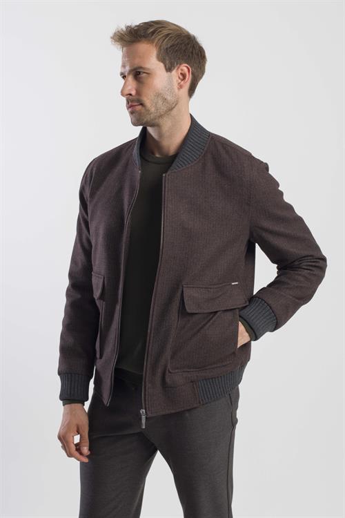 Kahve Comfort Fit Kolej Yaka Çizgili Mont