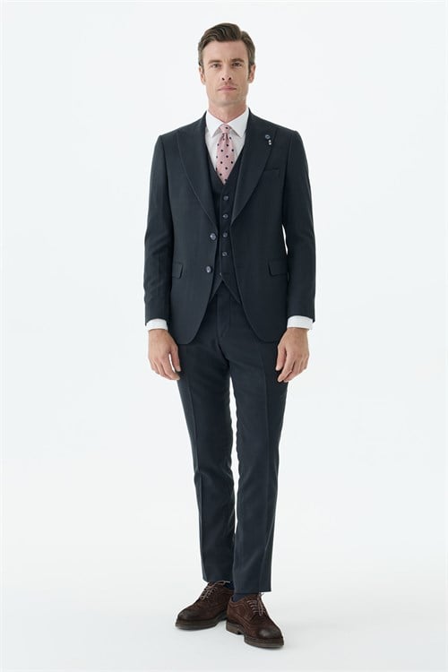 Lacivert Slim Fit Krlangıç Yaka Yelekli Çizgili Takım Elbise