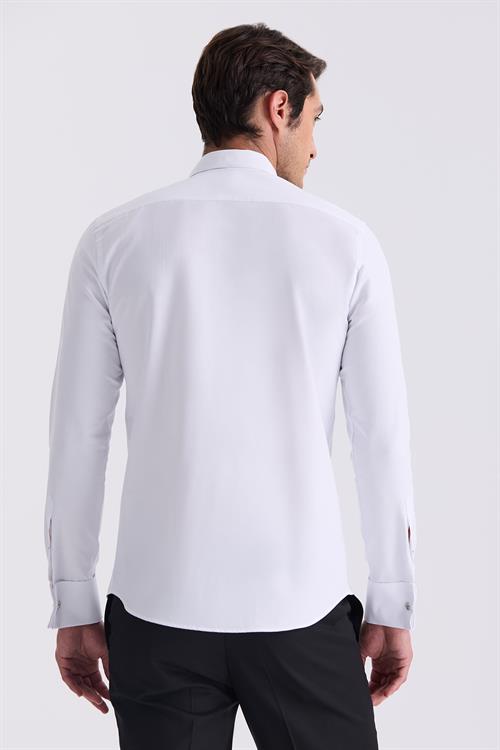 Beyaz Slim Fit Ata Yaka Double Manşet  Gömlek