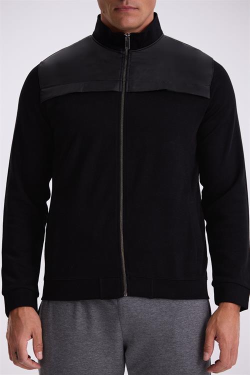 Siyah Slim Fit Fermuarlı Pamuklu Likralı Eşofman Üstü