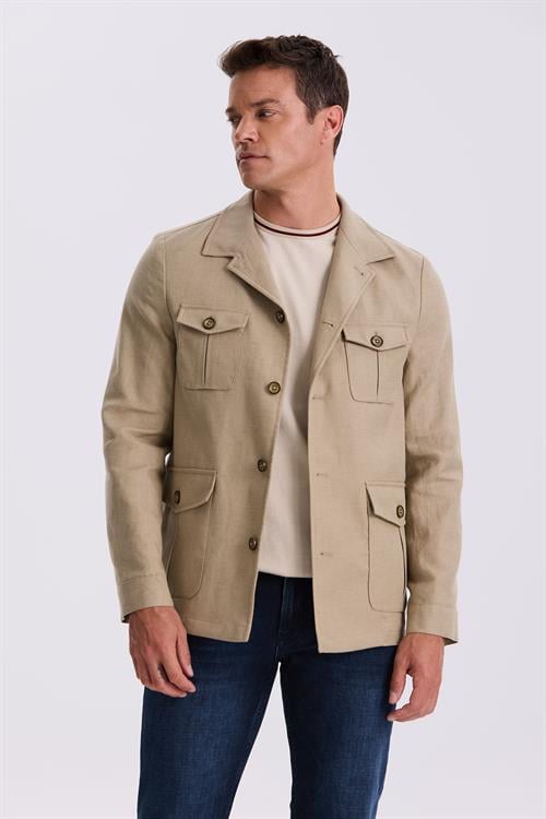 Bej Slim Fit Cepli Keten Pamuk Mevsimlik Safari Ceket 