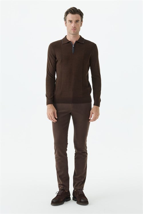 Kahve Comfort Fit Merinos Yünlü Fermuarlı Polo Yaka Triko
