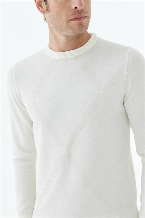 Beyaz Slim Fit Desenli Bisiklet Yaka Triko